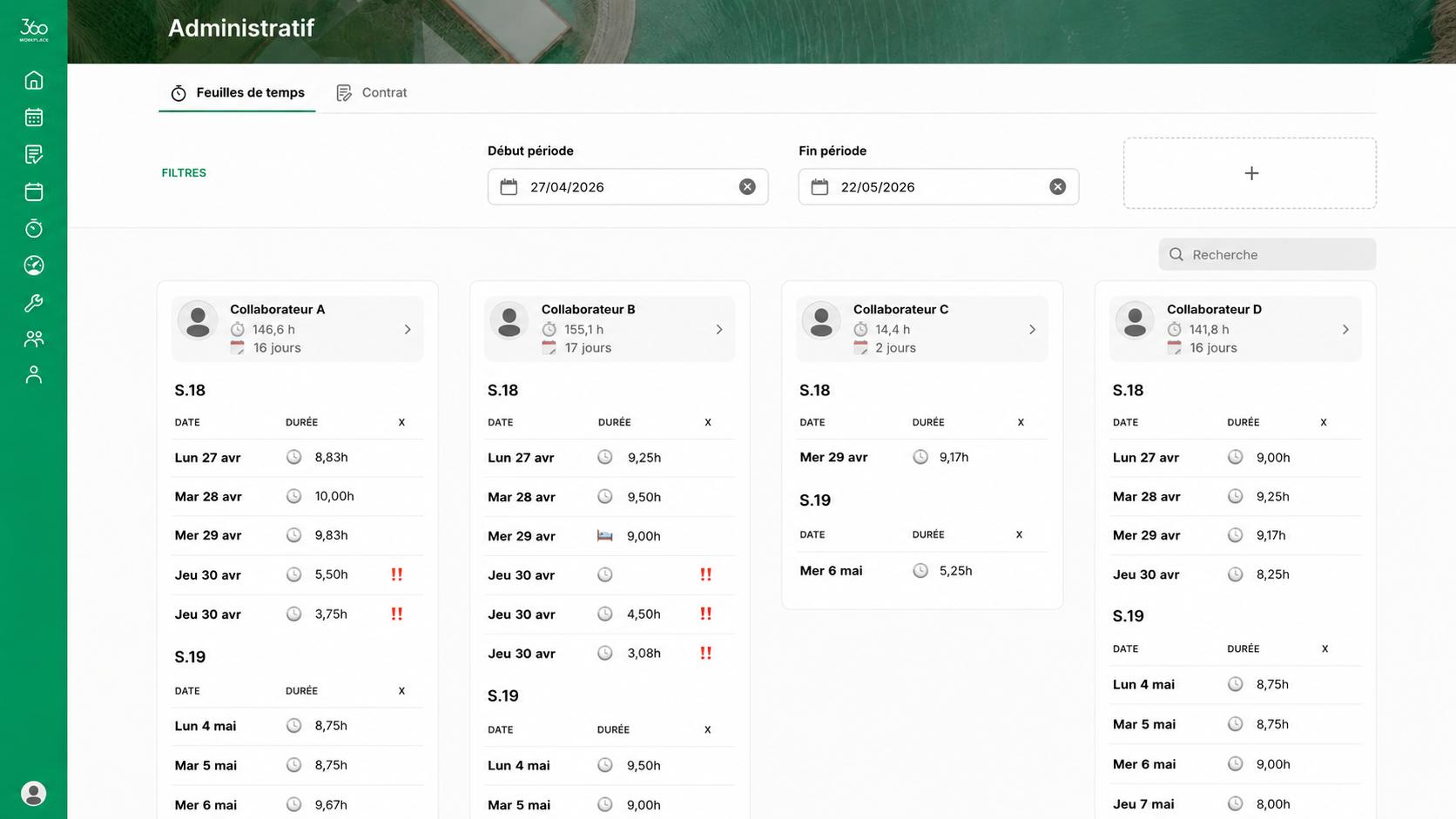 Vue administrative — suivi des collaborateurs