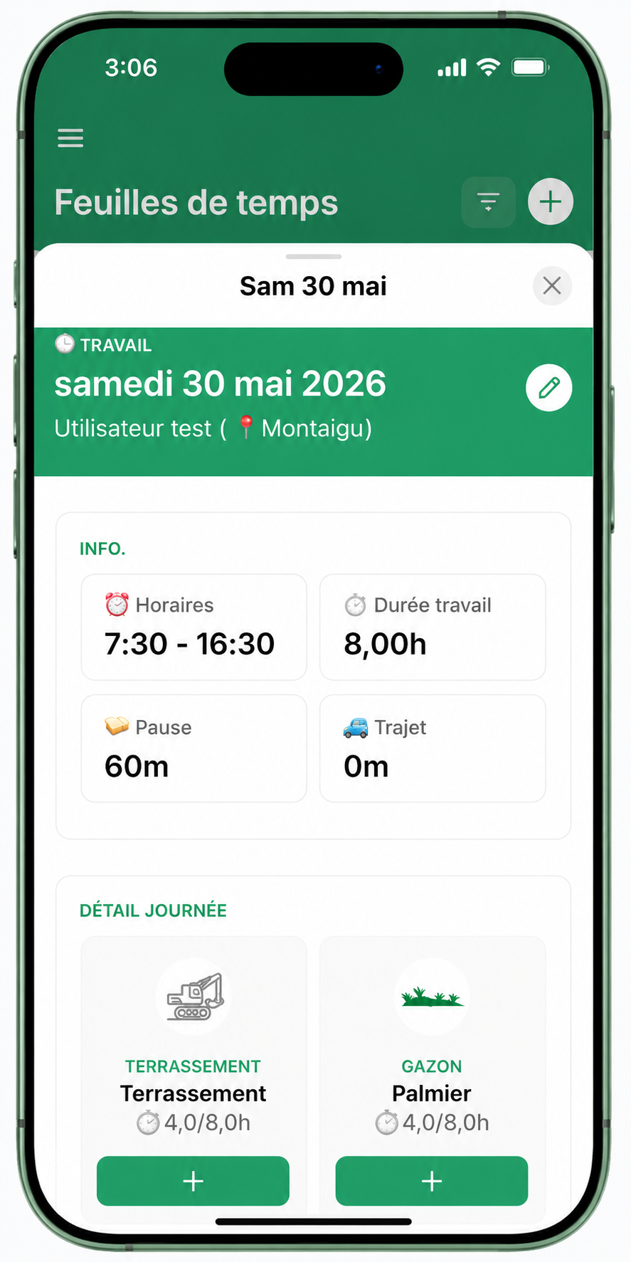 Détail journée — tâches par chantier