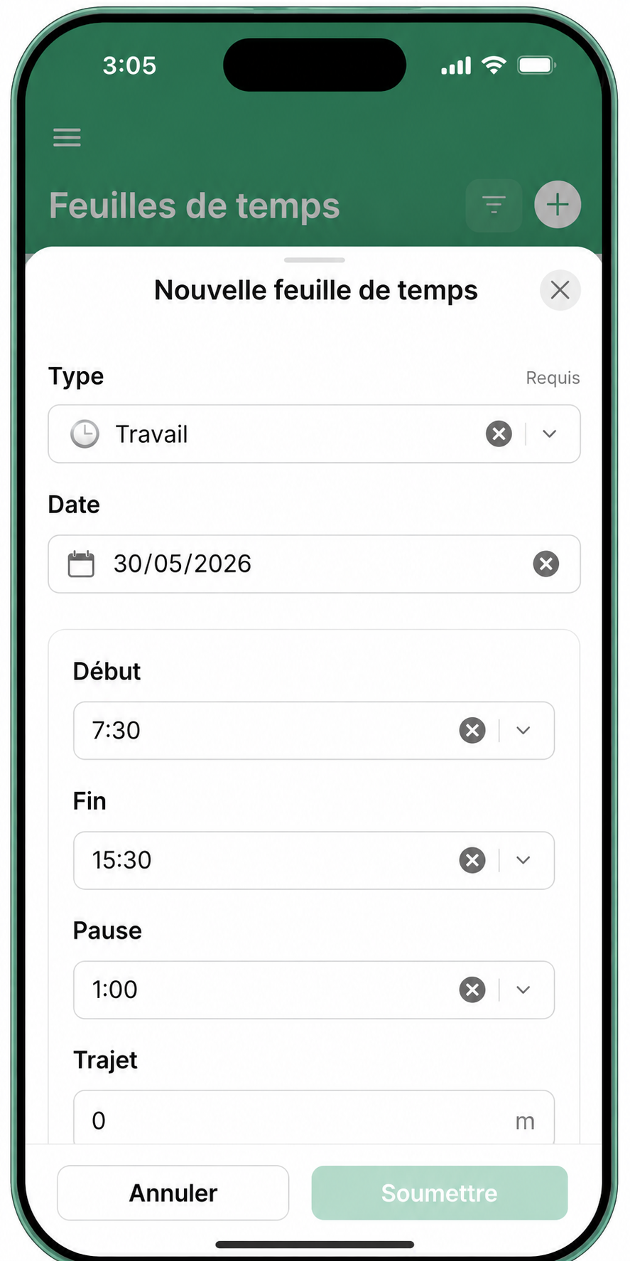 Saisie mobile — nouvelle feuille de temps
