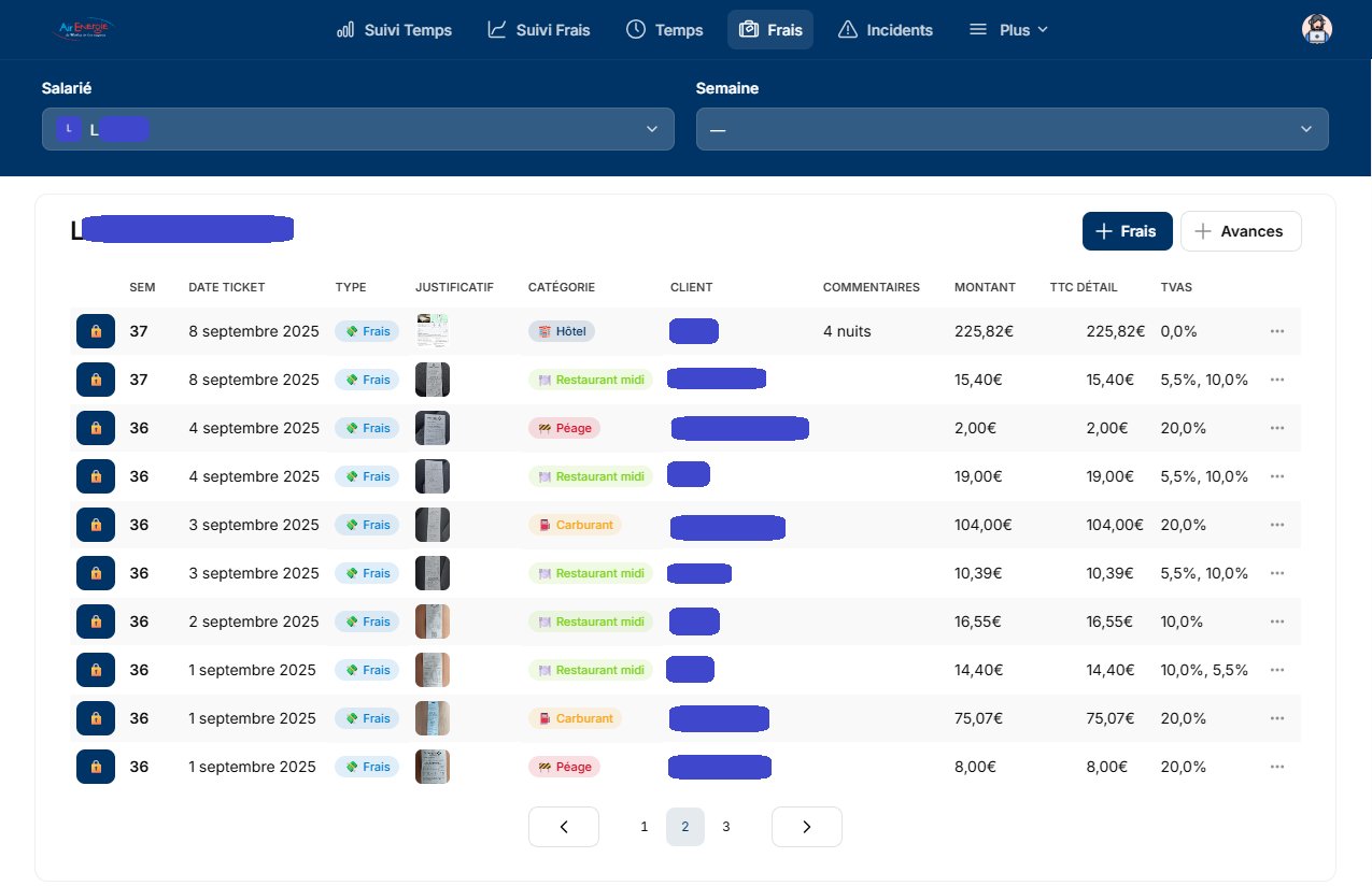 Vue desktop — tableau de suivi