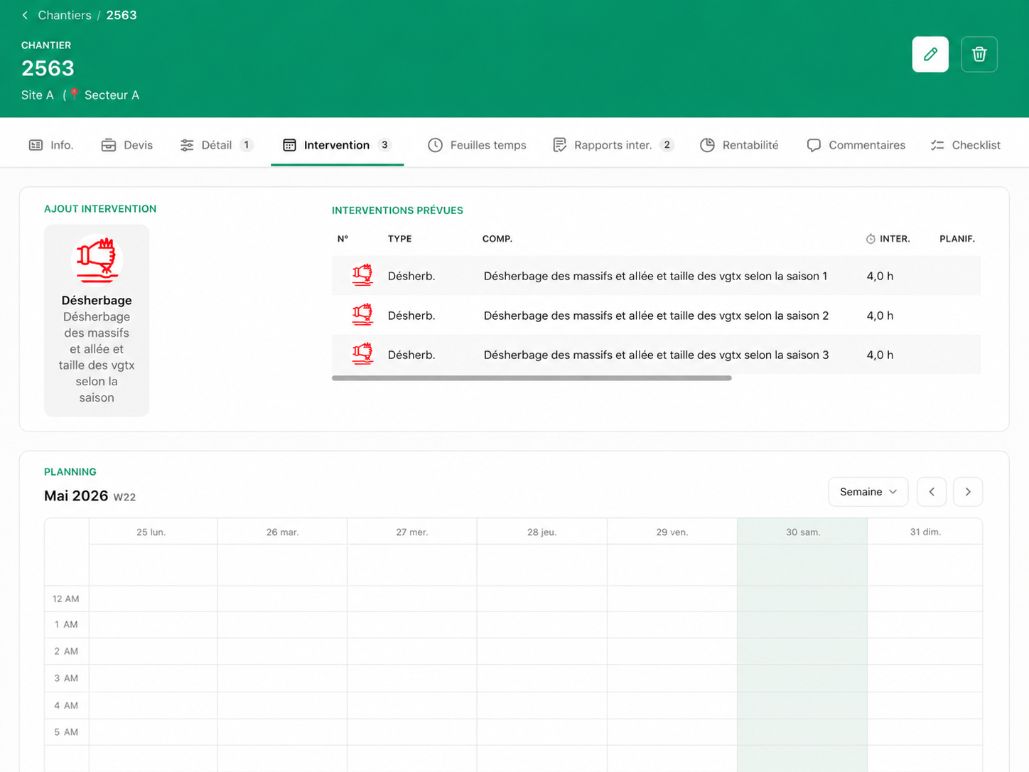 Vue desktop — liste des interventions