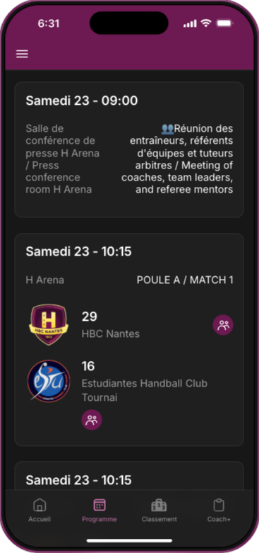 Fiche match — scores en direct
